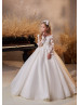 Long Sleeves Beaded White Lace Tulle Floral Flower Girl Dress